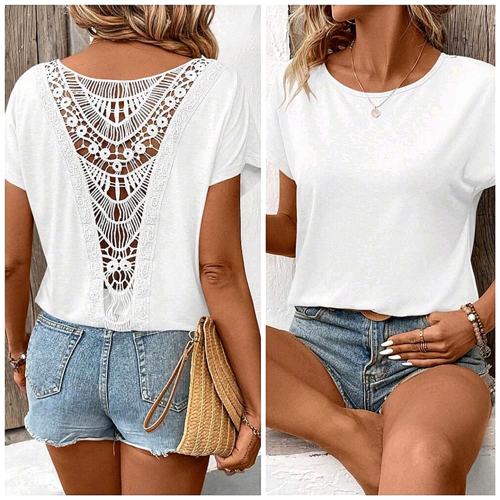 New Boho Embroidered Lace Knit Tee Shirt Top White